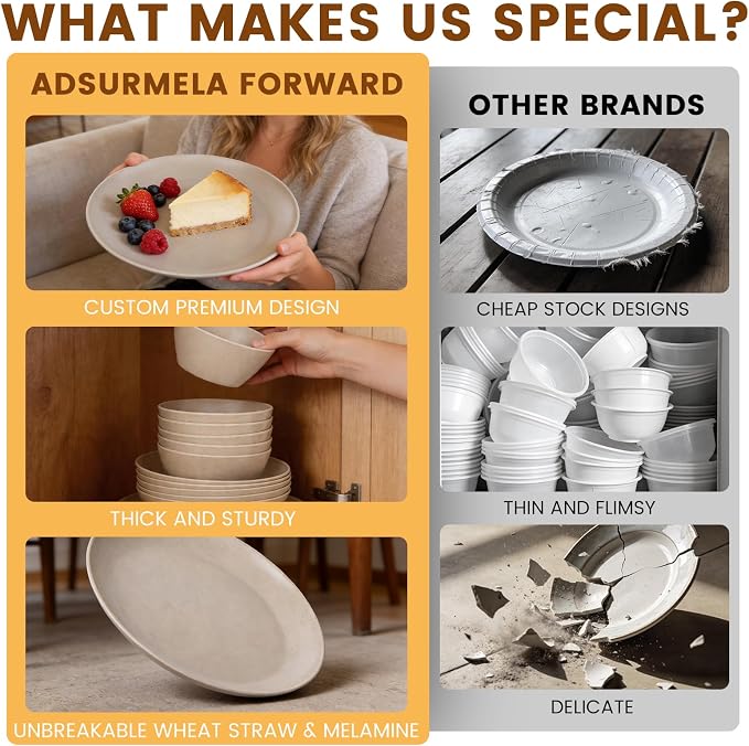 Wheat Straw Melamine Dinnerware Sets 18 Piece for 6, Shatterproof Plates and Bowls Set, BPA Free & Dishwasher Safe, Lightweight MattWarm Beige Finish Dish Set (18, Warm Beige)