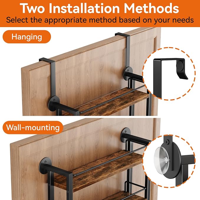 IBUYKE 6 Tier Over The Door Pantry Organizer,Wall Mounted Spice Rack,Door Hanging or Wall,Adjustable Hanging Storage Shelves,Spice Organization for Kitchen cabinet,Bathroom,Closet,Brown UTLJ028H