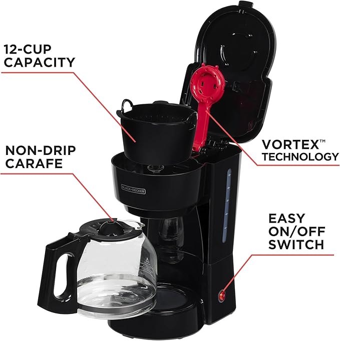 BLACK+DECKER 12-Cup Coffee Maker with Easy On/Off Switch, Easy Pour, Non-Drip Carafe with Removable Filter Basket, Vortex Technology, Black (Pack of 4)