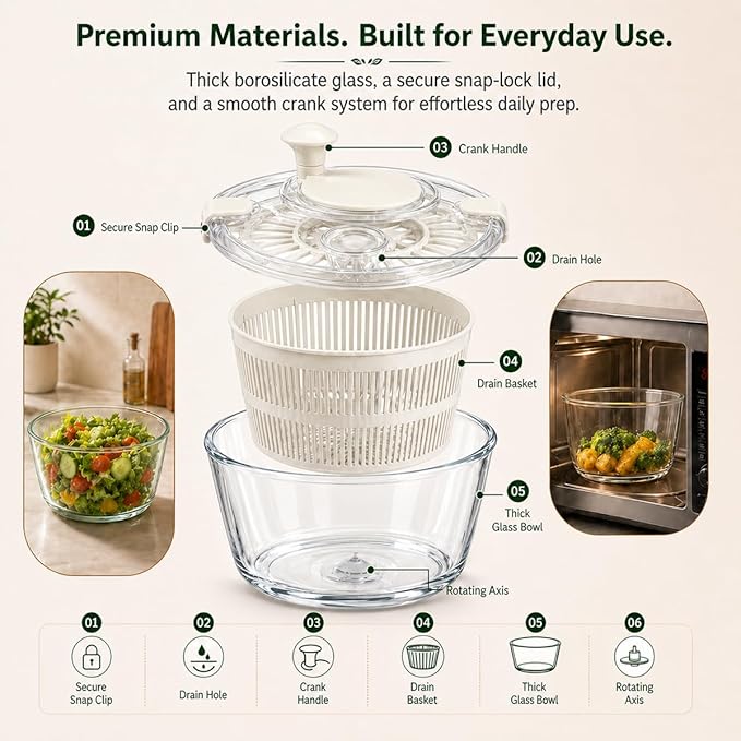 Large 5.2 Qt Glass Salad Spinner Vegetable Dryer with Drain Microwave Safe Dishwasher Safe with Transparent Lid Crank Handle Quick Spin Greens Washer for Lettuce Herbs Fruits (off-white)