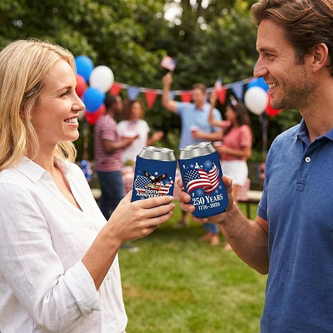 12 Pack 250 Years America Can Cooler Sleeves, Vintage 250th Anniversary USA Patriotic Neoprene Drink Holder for Memorial Day Independence Day 4th of July Party Favors Decorations Gifts