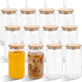 12 Pack Clear Plastic Cups with Bamboo Lids and Straws, 16 oz Acrylic Mason Jars Reusable Iced Coffee Cups Unbreakable Drinking Glasses for Poolside, Party Giveaways, Park Picnic