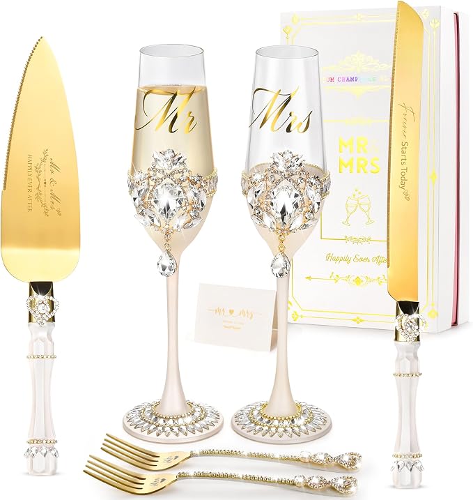 Wedding Cake Cutting Set, Luxury Handcrafted Crystal Champagne Flutes with Gold Petal Rhinestones and Pendant, Wedding Cake Knife and Server Set, Engagement Gifts for Couples, Gift-ready Box