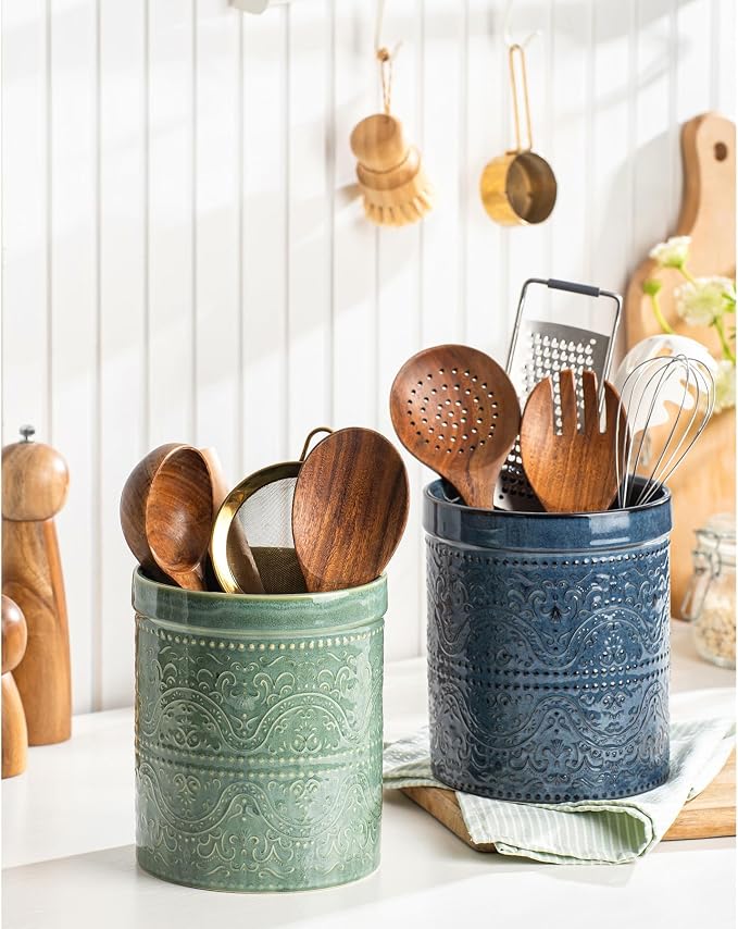 Kitchen Utensil Holder, 7 Inches Large Ceramic Utensil Holder for Countertop, Lace Emboss Cooking Utensil Crocks for Kitchen, Home Decor, Off-White, Forest Green