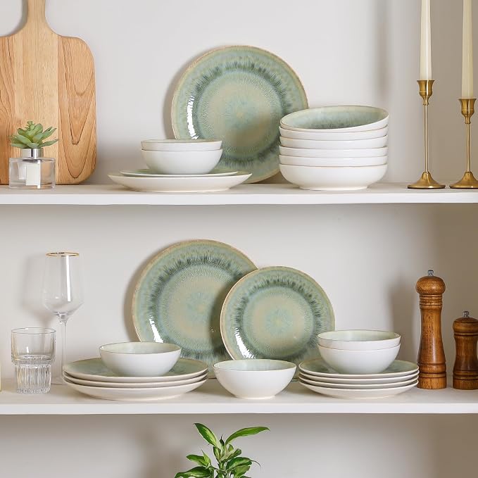 DOMICREVERY Ceramic Dinnerware Sets for 6, 24 Pcs Ceramic Plates and Bowls Sets, Moss Green