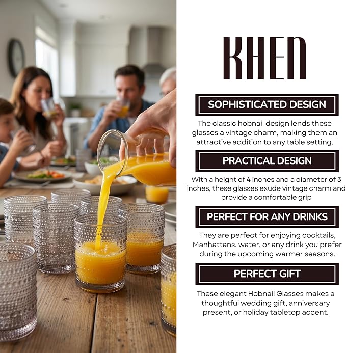 Khen Beaded Tumbler Drinking Glasses Set | Set of 6 | Vintage Hobnail 11 OZ Bubble Design Whiskey Glassware, Old-Fashioned, Embossed Design Glass for Water, Wine, Cocktail HAND WASH ONLY (Grey)