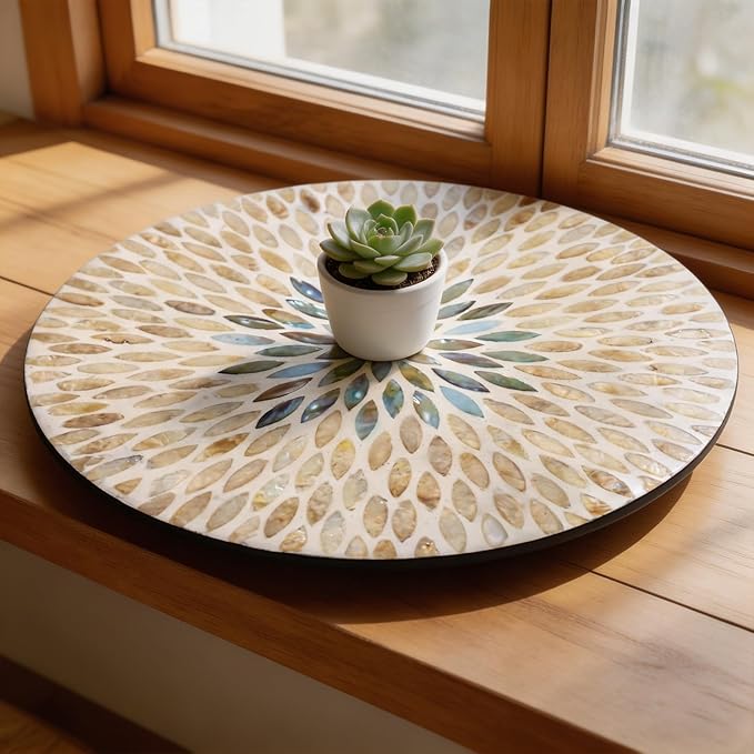 13.4" Mother of Pearl Lazy Susan, Table Centerpiece Round Shell Decorative Lazy Susan Turntable Rotating Tray Organizer for Cabinet Counter Gift Kitchen Office Cafe Home Decor (Beige Blue)