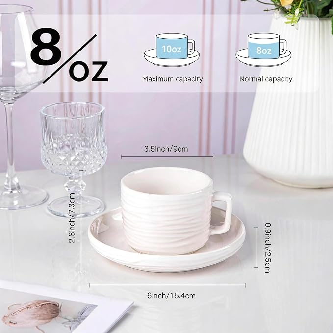 Cappuccino Cups with Saucers, 8 OZ White Ceramic Coffee Cups Set of 6, Good for Latte, Americano and Tea, Microwave and Dishwasher Safe, Ribbed Texture