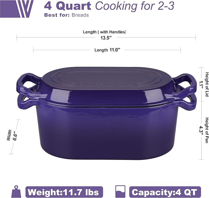 VORRINGARD Oval Dutch Oven Pot with Lid, Enamel Coating Cast Iron Bread Pans for Homemade Sourdough Bread Baking, Cooking, 4 Quart, Purple