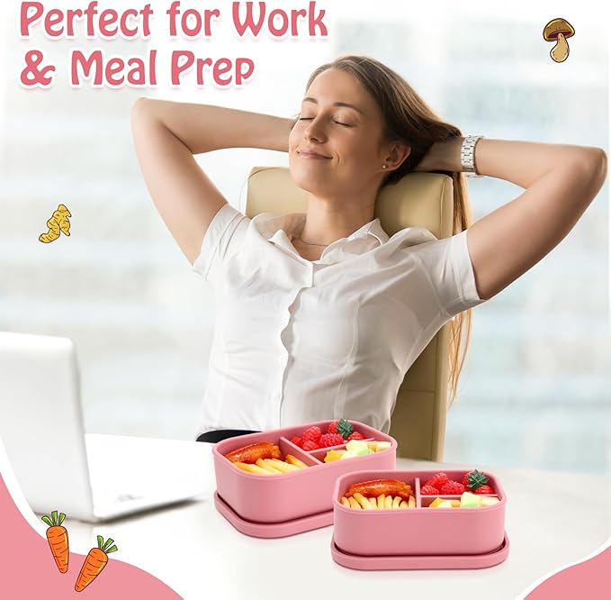 Honeydak 4 Pcs Silicone Bento Box for Adults, 3 Compartment Lunchable Food Container for Women Men, Leak Proof Microwave Dishwasher Freezer Safe (Red)