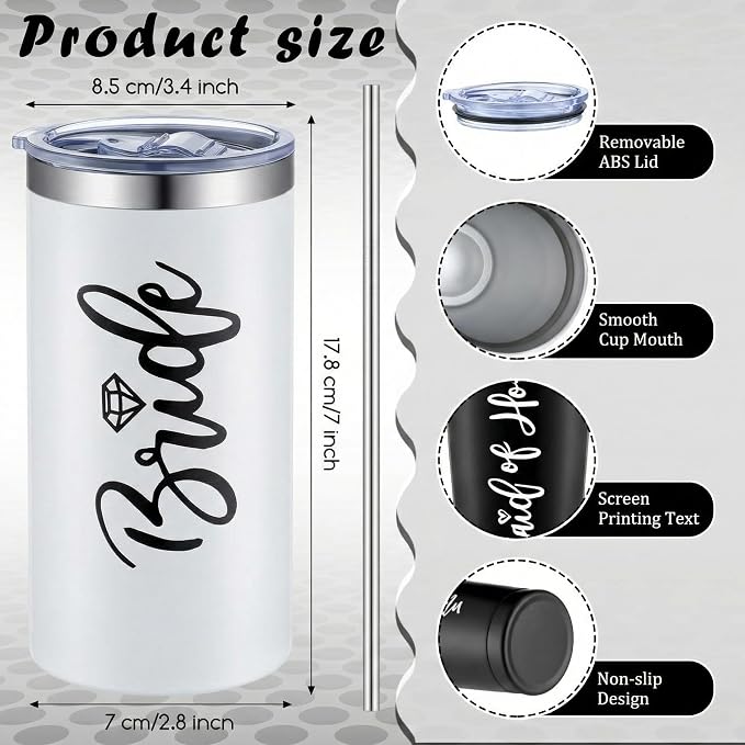 Sabary Bride Gifts Bridesmaid Tumblers Set of 8, 20 oz Insulated Bride Stainless Steel Wine Tumbler Bulk Maid of Honor Mugs with Lid and Straw for Wedding Engagement Party Gifts (White, Black)