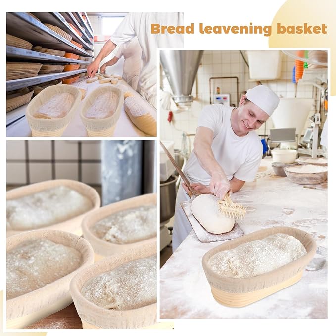 Gejoy Oval Banneton Bread Proofing Basket Set of 8, Sourdough Bread Baking Bowl Kit with Cloth Liners and Dough Scrapers Natural Rattan Banneton Sourdough Bowl Basket for Bakers(10 Inch)