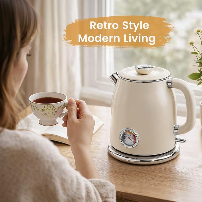 Mecity Retro Electric Kettle 1.7L, Stainless Steel Interior, Food-Grade Silicone Water Contact, Double Wall Cool Touch, 1500W Fast Boil, Thermometer (°F/°C), Wide Opening, Cream