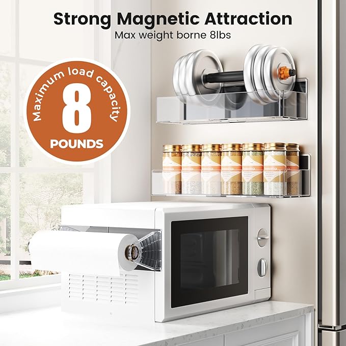 Magnetic Spice Rack for Refrigerator,6 Pack Magnetic Shelf,Fridge Magnet Organizer with Paper Towel Holder,Utensils Racks,Hook Rack,Deepened Basket,Fridge Organizers and Storage Clear(6 Pack)