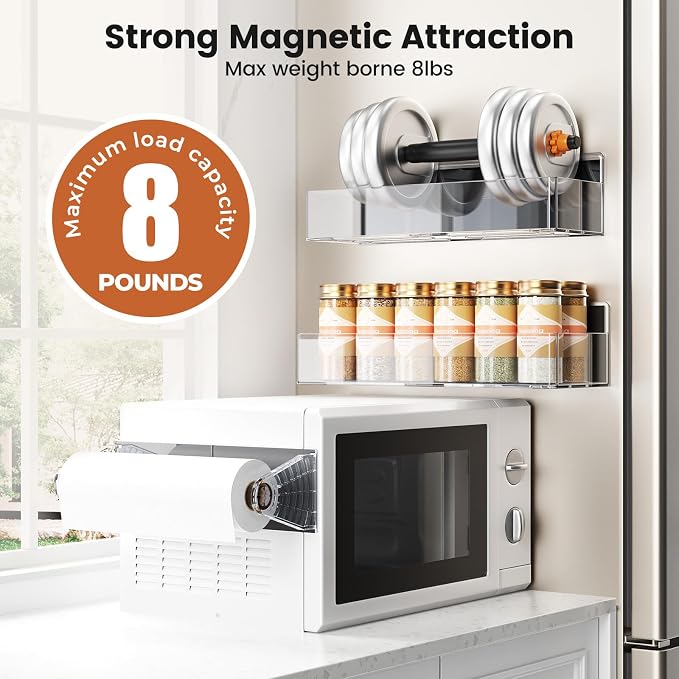 Mystozer Magnetic Spice Rack for Refrigerator,4 Pack Magnetic Shelf,Fridge Magnet Organizer with Paper Towel Holder and Utensils Racks,Fridge Organizers and Storage Clear(4 Pack)