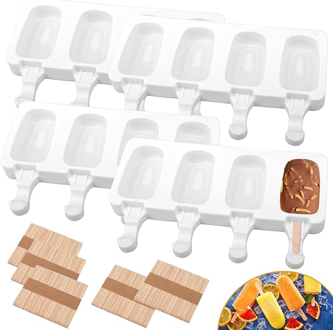 4 Set Silicone Popsicle Molds 4 Cavities Ice Cream Oval Cake Molds with 200 Sticks, Reusable Ice Pop & Cakesicle Mould for Kids, DIY Frozen Treats, Summer Snacks, Parties Favors, Easy Release (White)