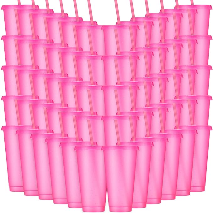Honeydak 60 Pack Tumbler with Straw and Lid Bulk Glitter Plastic Cups Water Bottle Iced Coffee Travel Mug Reusable Party Favor Cups for Birthdays travel 24-27 oz (Hot Pink)