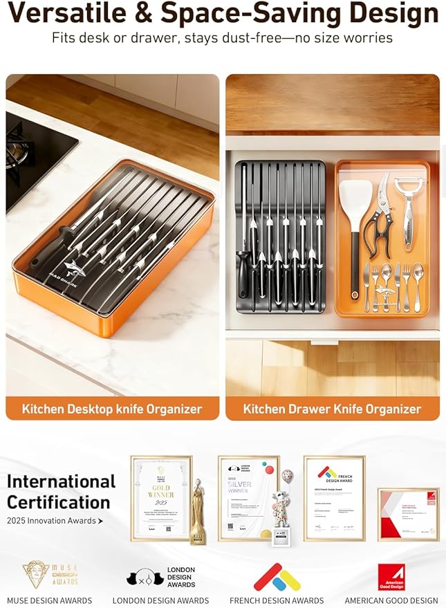 MAD SHARK 2-in-1 Detachable Knife Block & Silverware Organizer, Drawer Knife Holder for 10 Knives, BPA-Free, Blade-Safe Slots, Save Counter Space, Kitchen Drawer or Counter Storage, No Knives