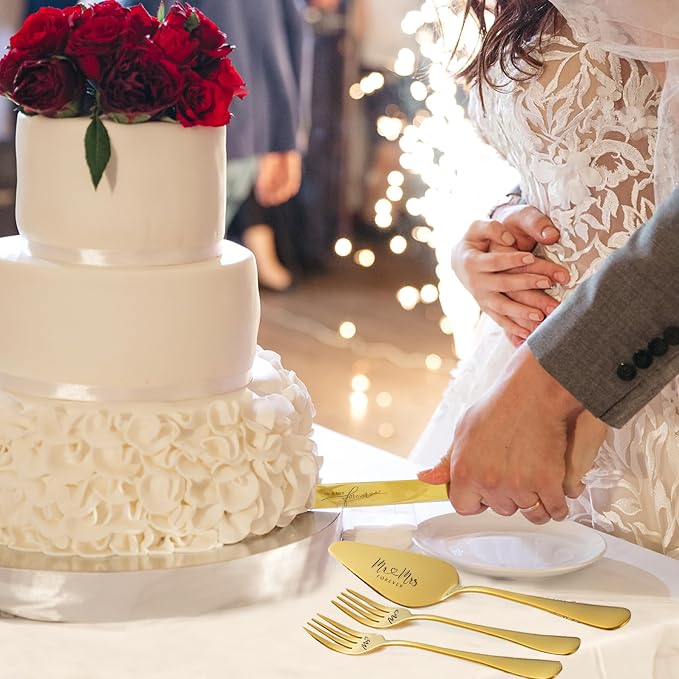 Wedding Cake Knife and Server Set, Gold Mr and Mrs Champagne Flutes and Cake Cutting Set for Wedding Bridal Shower Gifts (Gold)