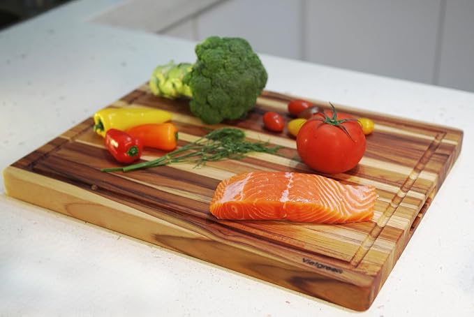 Teak Wood Cutting Boards for Kitchen, [18" x 14" x 1.25"] Medium Wooden Cutting Boards, Knife Friendly Butcher Block Cutting Board with Deep Juice Grooves and Built in Handle