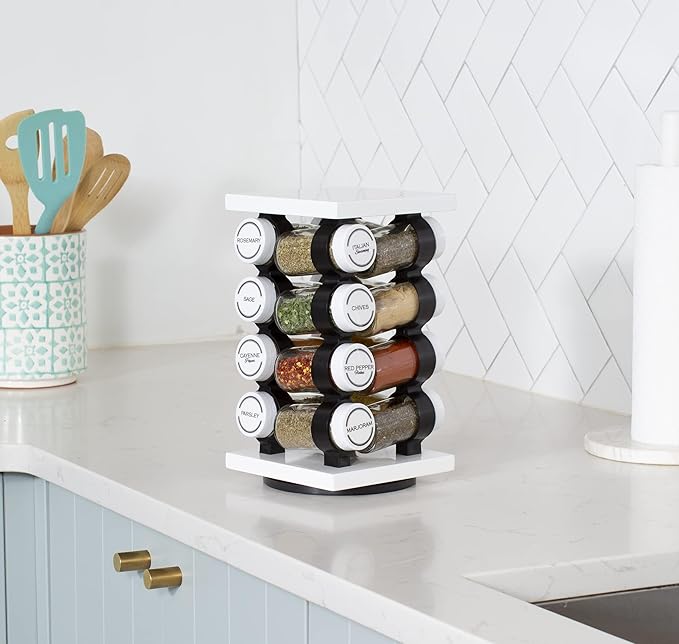 Orii 16 Jar Rotating White Spice Rack | Spices Included, 5-Year Spice Refill Program, Compact Countertop, Glass Jars
