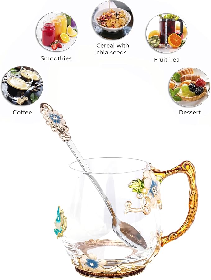 Tea Cup Glass Coffee Mugs,Fancy Tea Cup Set Birthday Christmas Valentine's Day Gift Idea for Tea Lover and Women Novelty Coffee Mugs Rose Flower Enamel Cup with Spoon (Blue rose & butterfly daisy cup)