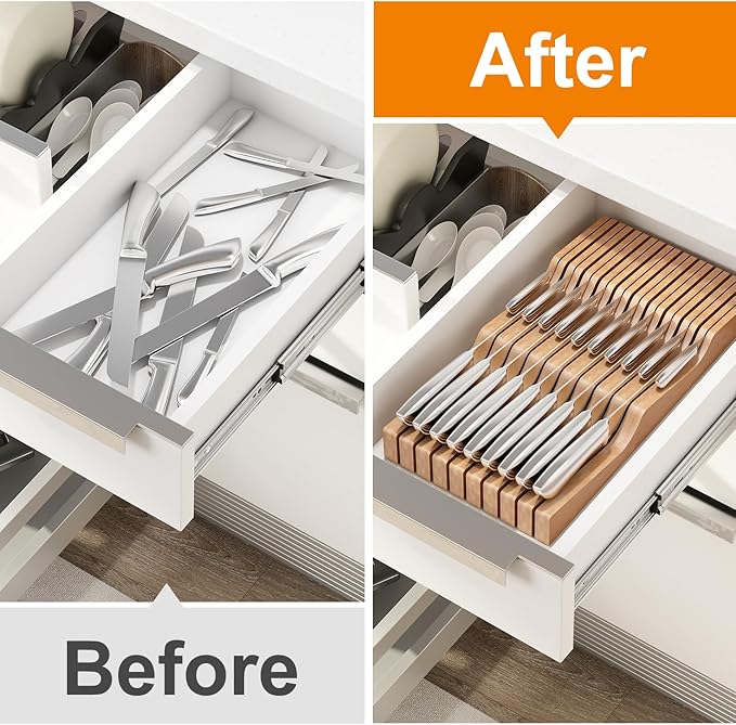 In-Drawer Knife Block Organizer - Bamboo Wood Drawer Knife Organizer-Protecting Knife Organizer Block (Not Included) (Natural, 19 Knives Dock)