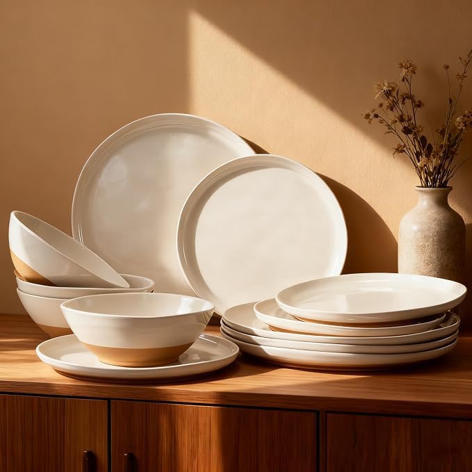 Melamine Dinnerware Sets of 12 Pcs, Kitchen Plates and Bowls Set for 4, Unbreakable Dishware Sets for Patio, RV and Camping, Dishwasher Safe (Ivory)