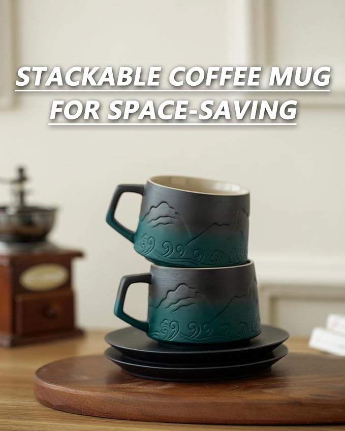 8 oz Cappuccino Cups Set of 2, Embossment Ceramic Coffee Cups with Saucers Set for Latte Art, Artistic Stoneware Cups for Cafe Au Lait, Black Tea, Coffee Lovers GiftsGradient Green