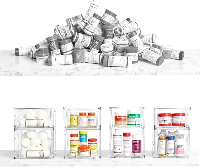 Small Stackable Clear Acrylic Storage Drawers(4 Pack) with Handles,Plastic Organizer Bins for Fridge Bathroom Kitchen Cabinet Pantry Coffee bar Undersink Office Closet Storage Bins