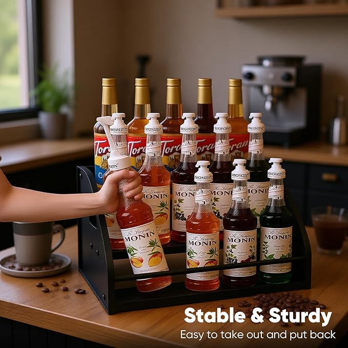 Coffee Syrup Rack- Extra Large for 15 Syrup Bottles Holder- Rustic Countertop Display Shelf for Liquor Bottles, Coffee Bar, Kitchen Cabinet- Pantry Storage for Water Bottles, Spirits & Whiskey