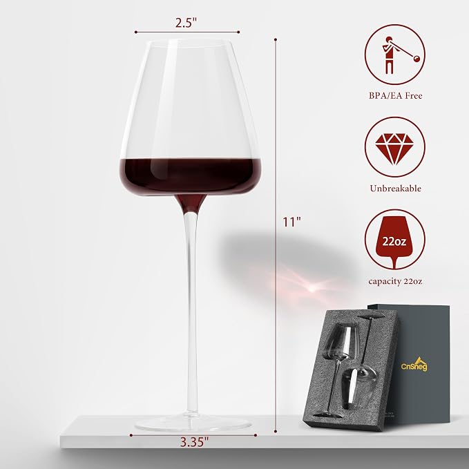 Crystal Wine Glasses Set of 2, Hand Blown Red Wine Glass 22OZ with Long Stem, Thin Rim, Premium White Wine Glasses for Wedding, Christmas