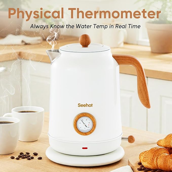 Seehot® Electric Kettle With Thermometer, 1.7L Electric Tea Kettle, 1200W Hot Water Kettle Electric, Auto Shutoff, Boil-Dry Protection, 304 Stainless Steel, Cordless Base, White