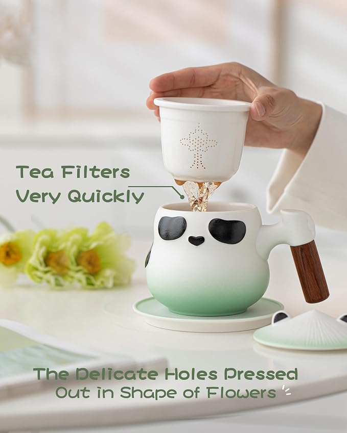 ZENS Tea Cup with Infuser and Lid for Loose Leaf Tea Steeper, 11 oz Cute Panda Tea Mug with Strainer and Coaster for Daughter, Collector's Mug Gifts