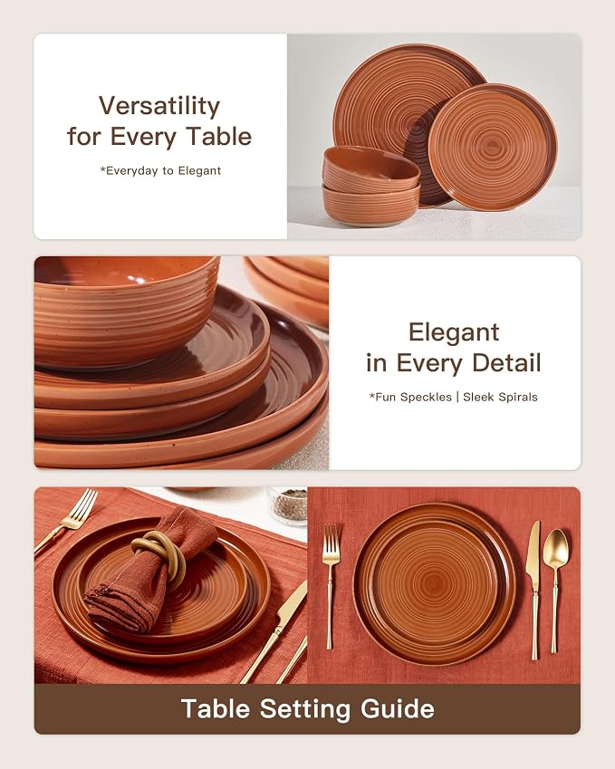24-Piece Stoneware Dinnerware Sets for 8 - Farmhouse Coupe Plates and Bowls with Speckles & Spirals - Chip & Scratch Resistant, Microwave & Dishwasher Safe - Gift Box, Terracotta