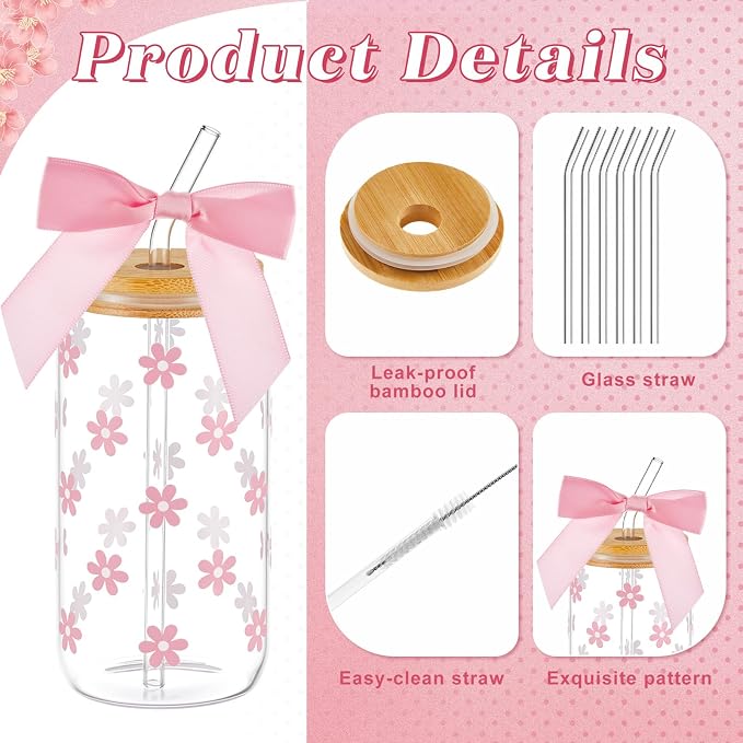 Suncalla 36 Pcs 6 Set Morandi Birthday Gifts for Women, Sleepover Spa Party Girls Trip Bachelorette Party Favors for 6 People, Daisy Glass Cup Bracelets Hair Bands Hair Clip Tote Bags Bows