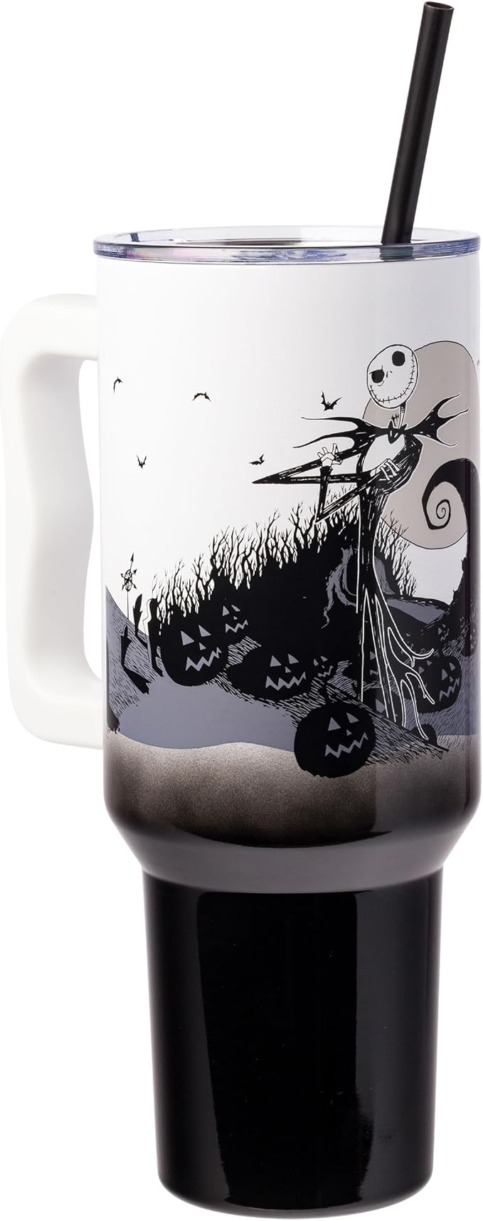 Silver Buffalo Disney Nightmare Before Christmas by Tim Burton Jack Skellington Hill and Moon Double Walled Stainless Steel Tumbler with Handle and Straw, Fits in Standard Cup Holder, 40 Ounces
