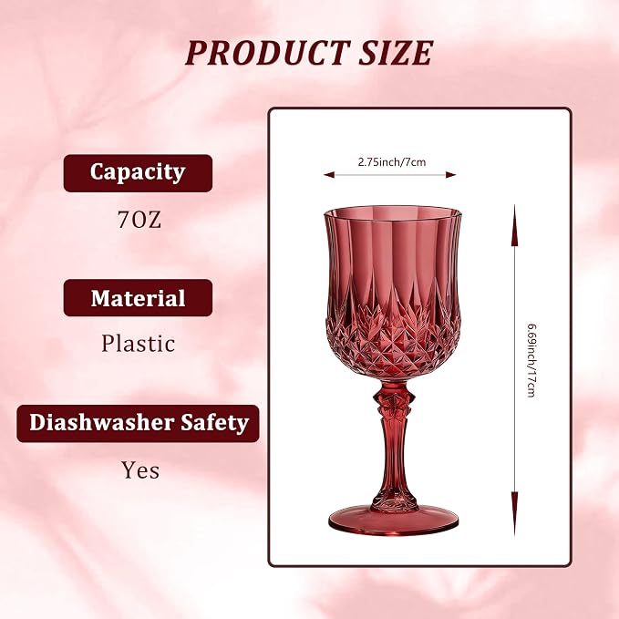 7OZ Plastic Wine Glasses, Reusable Vintage Goblets Unbreakable Drinking Glasses Crystal Water Cups Champagne for Wedding, Parties (48, Burgundy)