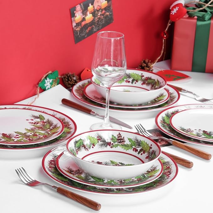 12-Piece Christmas Melamine Dinnerware Set,Holiday Dishes Set，White & Green | Lightweight & Stackable for Home&Party plates,Plate and Bowl Sets Ideal for for Indoor Outdoor Use -Christmas Garland