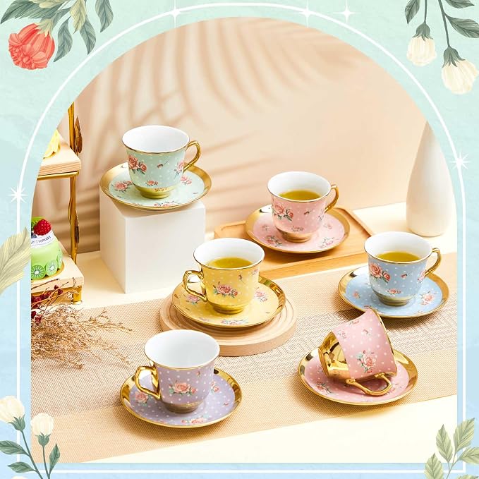 Teenyyou Set of 18 Tea Cups and Saucers Tea Party Decorations Floral Porcelain 5.4 oz British Gift for Women Birthday Party, Church, and Mother's Day (Vintage Style)