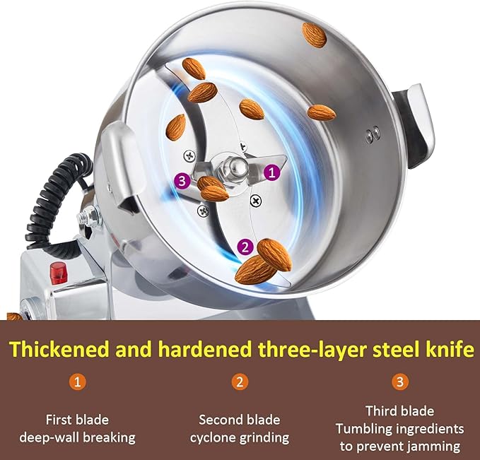BI-DTOOL Electric Grain Mill Grinder 2800W Dry Material Grinding Machine 1000g Stainless Steel Pulverizer 36000r/min High-speed Grain Mill 270° swingable Superfine powder for Home and Commercial 1000g