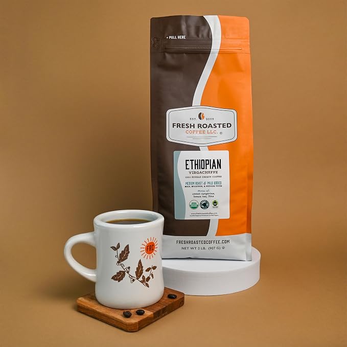 Fresh Roasted Coffee, Organic Ethiopian Yirgacheffe Whole Bean Coffee, Light Roast, USDA Organic, 3rd Party Tested for Mold, Mycotoxin & Pesticides, Kosher, 2 lb (32 oz)