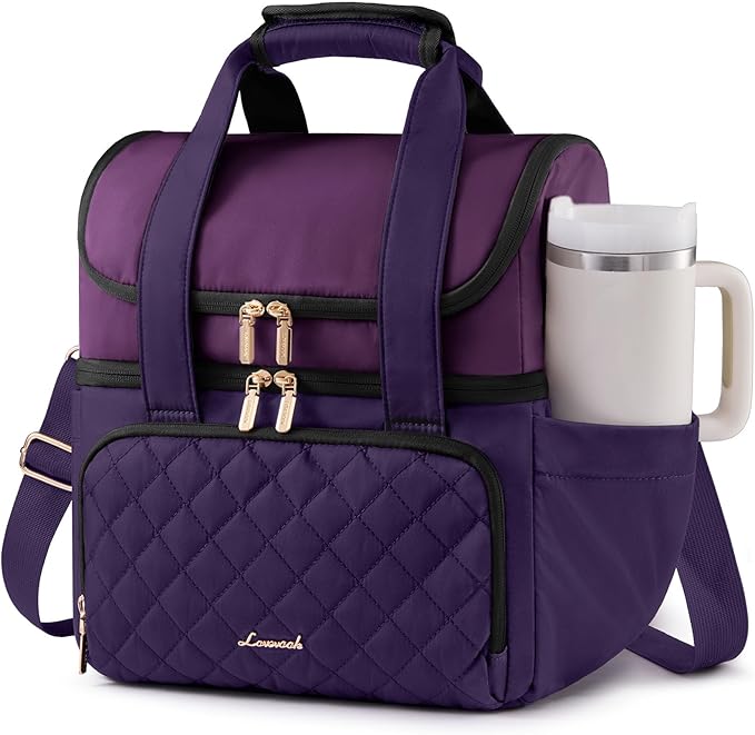 LOVEVOOK Insulated Lunch Bag for Women,Large Double Deck Adult Lunch Box,Teacher Lunch Tote Bag with Cup Holder,Leakproof Cooler Bag with Adjustable Shoulder Strap for Work Picnic Beach,Larger 15L