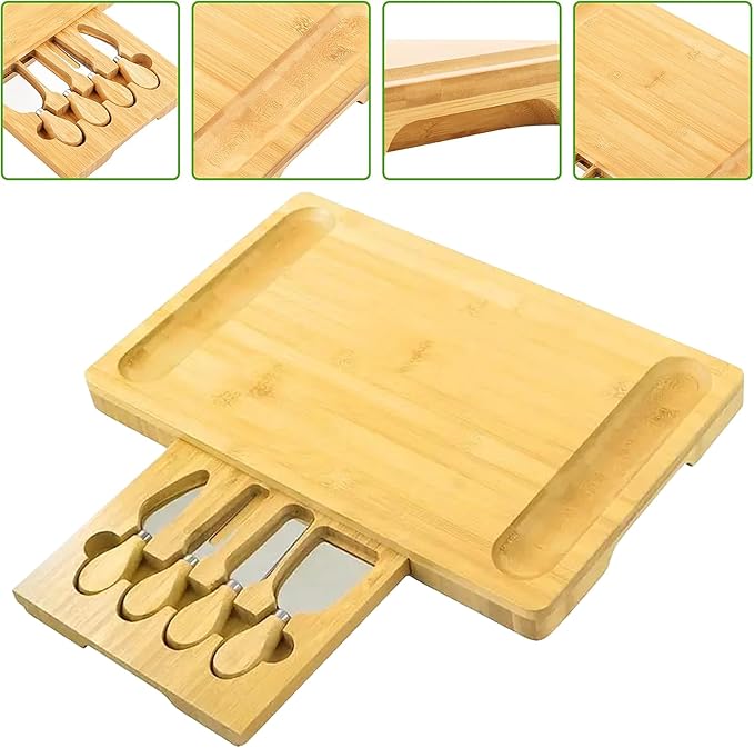 Bamboo Cheese Board and Knife Set – Wooden Serving Platter with Hidden Utensil Drawer – Charcuterie Board for Cheese, Meat, Fruits & Crackers – Elegant Serving Tray for Parties & Gifts