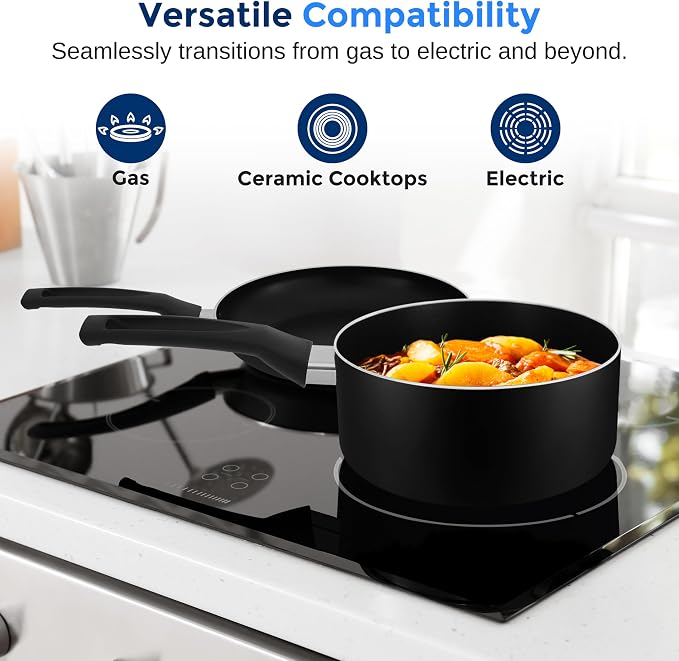 SereneLife Kitchenware Pots & Pans Basic Kitchen Cookware, Black Non-Stick Coating Inside, Heat Resistant Lacquer (15-Piece Set), One Size