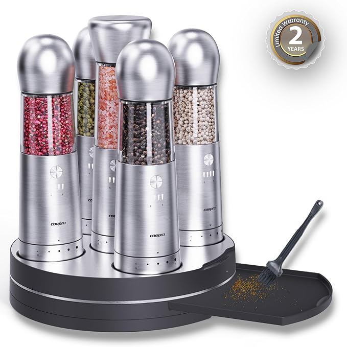 COSPRO Electric Salt & Pepper Grinder Set of 5 | Wireless Charging | Rechargeable | Stainless Steel | One-Hand Use | Adjustable Coarseness | Easy Clean | Himalayan Salt & Spices