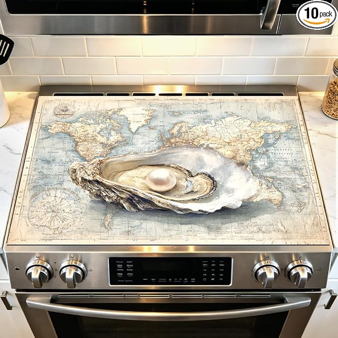 Stove Top Cover for Electric Stove 28.4 x 20.5 Inch Non Slip Stove Mat Oil Proof World Map Oyster Glass Cooktop Protector Kitchen Mat
