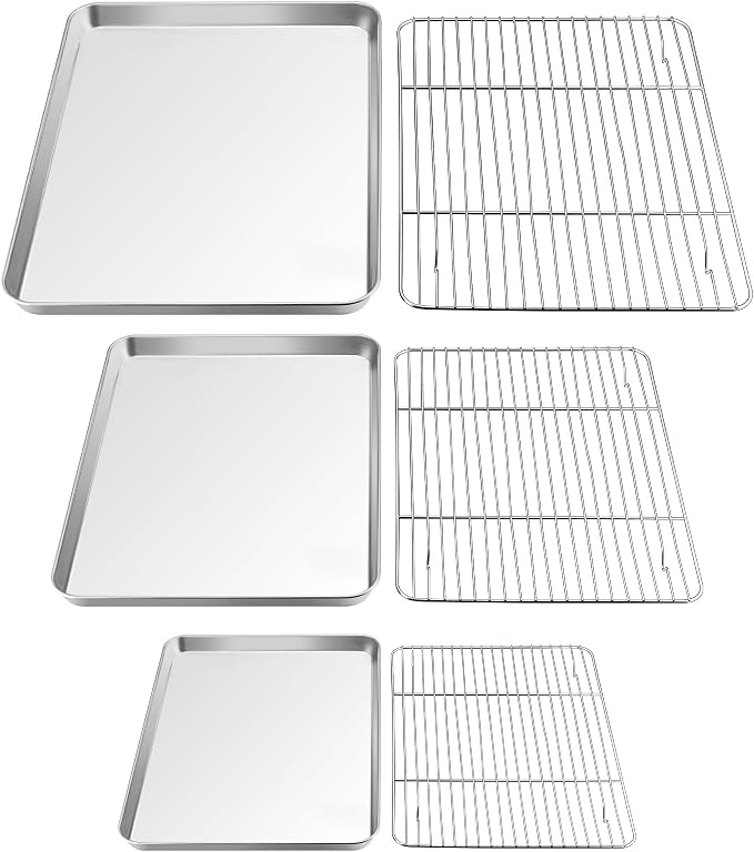 TeamFar Baking Sheet with Rack Set (3 Pans + 3 Racks), 16/12.5/9 Inch Stainless Steel Cookie Sheets Baking Pans Trays and Cooling Racks for Cooking Roasting, Non-Toxic & Heavy Duty, Dishwasher Safe