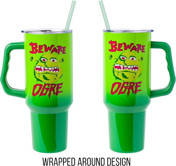 Silver Buffalo Shrek “Beware Ogre” Stainless Steel Tumbler with Handle, Fits in Standard Cup Holder, 40 Ounces
