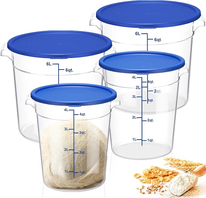 Suclain 4 Set 6 Quart 4 Qt Round Food Storage Containers with Lids Clear Proofing Container for Dough Bread with Scale Handle Home Restaurant Commercial Food Storage(Blue)